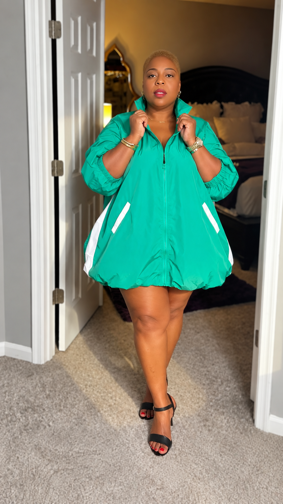 Lavish Bubble Hem Zip Front Jacket Dress - Green