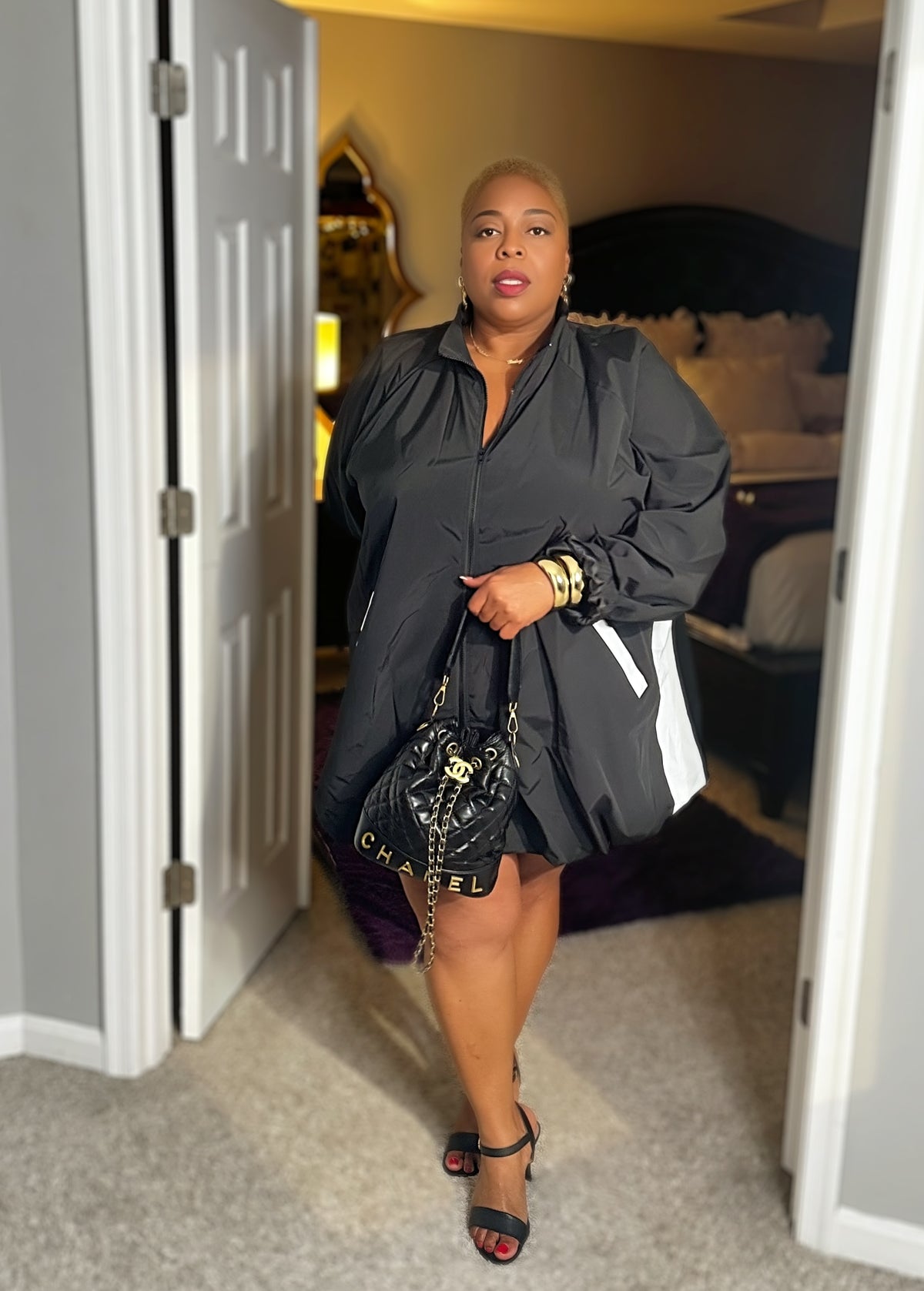 Lavish Bubble Hem Zip Front Jacket Dress — Black