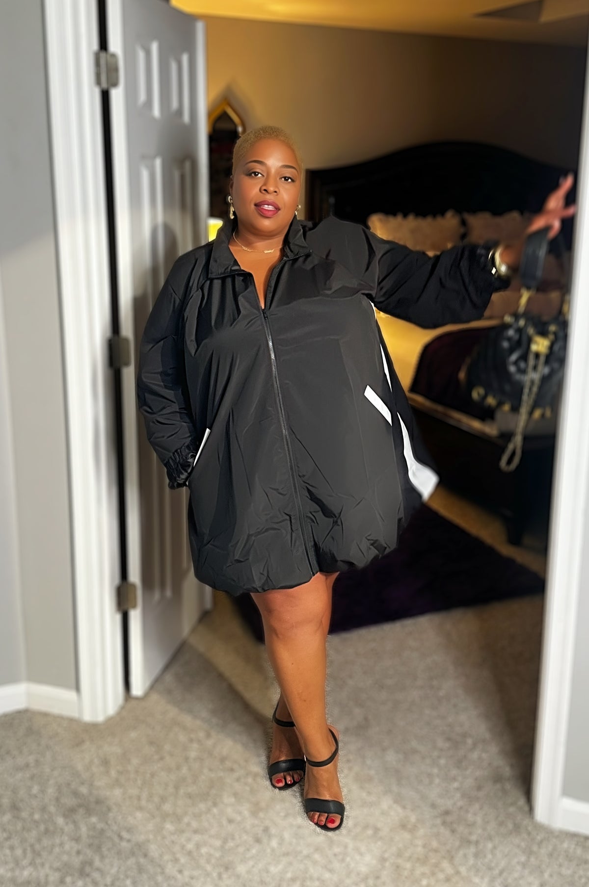 Lavish Bubble Hem Zip Front Jacket Dress — Black