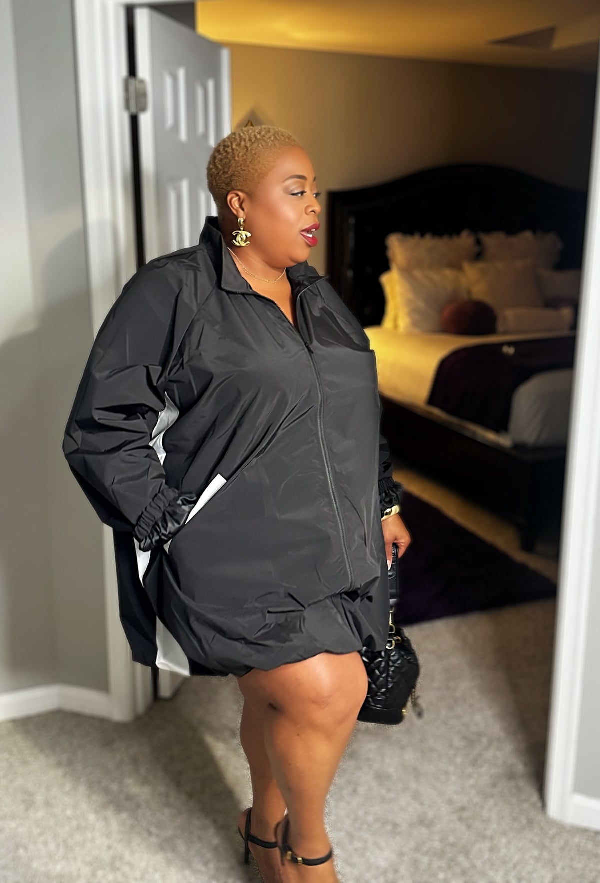 Lavish Bubble Hem Zip Front Jacket Dress — Black