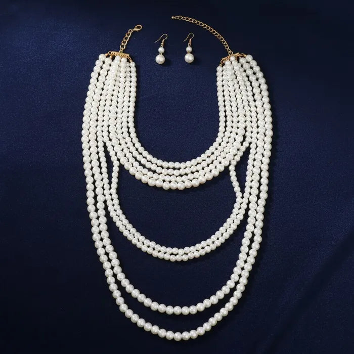 Long Cream Pearl 8 Strand Layered Classic Necklace