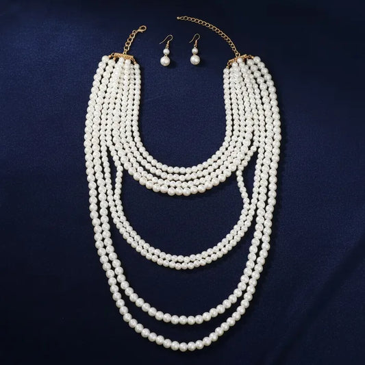 Long Cream Pearl 8 Strand Layered Classic Necklace